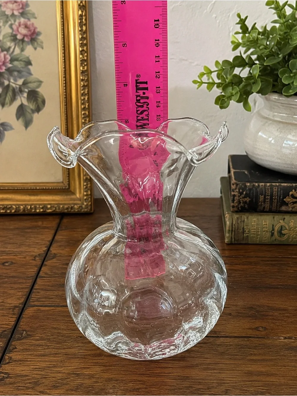 Vintage Clear Glass Vase Double Scroll Handles Bulbous Flared Ruffled Rim 6”